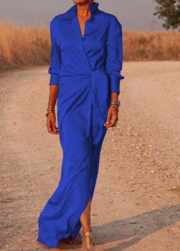 Satin Peter Pan Collar Deep V-Neck Long Sleeve Tie Waist High Split Maxi Dress - View 4