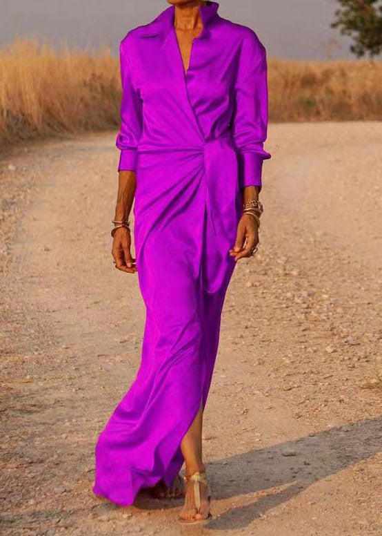 Satin Peter Pan Collar Deep V-Neck Long Sleeve Tie Waist High Split Maxi Dress - View 5
