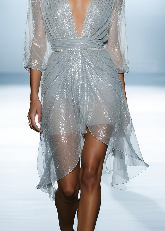 Sequin Tulle Deep V-Neck Three Quarter Sleeve Ruched Midi Dress - View 4
