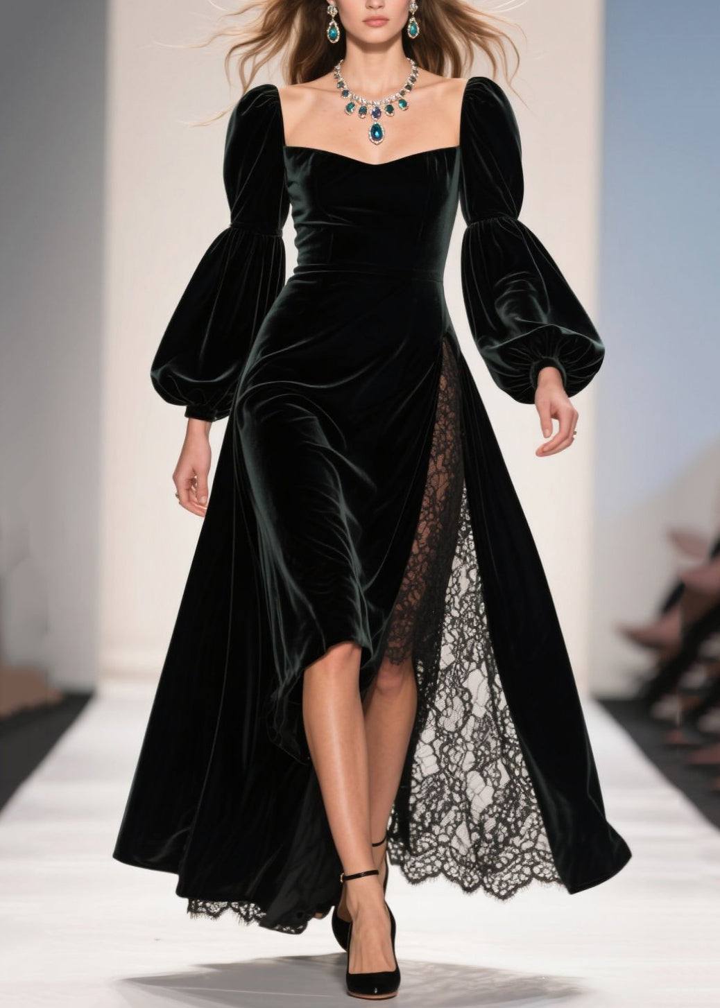 Velvet Square Neck Bishop Sleeve Lace Trim High Split Maxi Gown