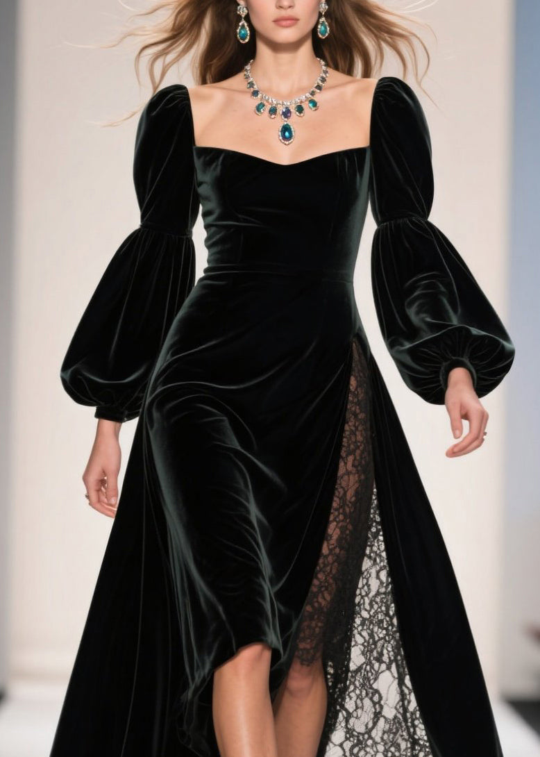 Velvet Square Neck Bishop Sleeve Lace Trim High Split Maxi Gown - View 2