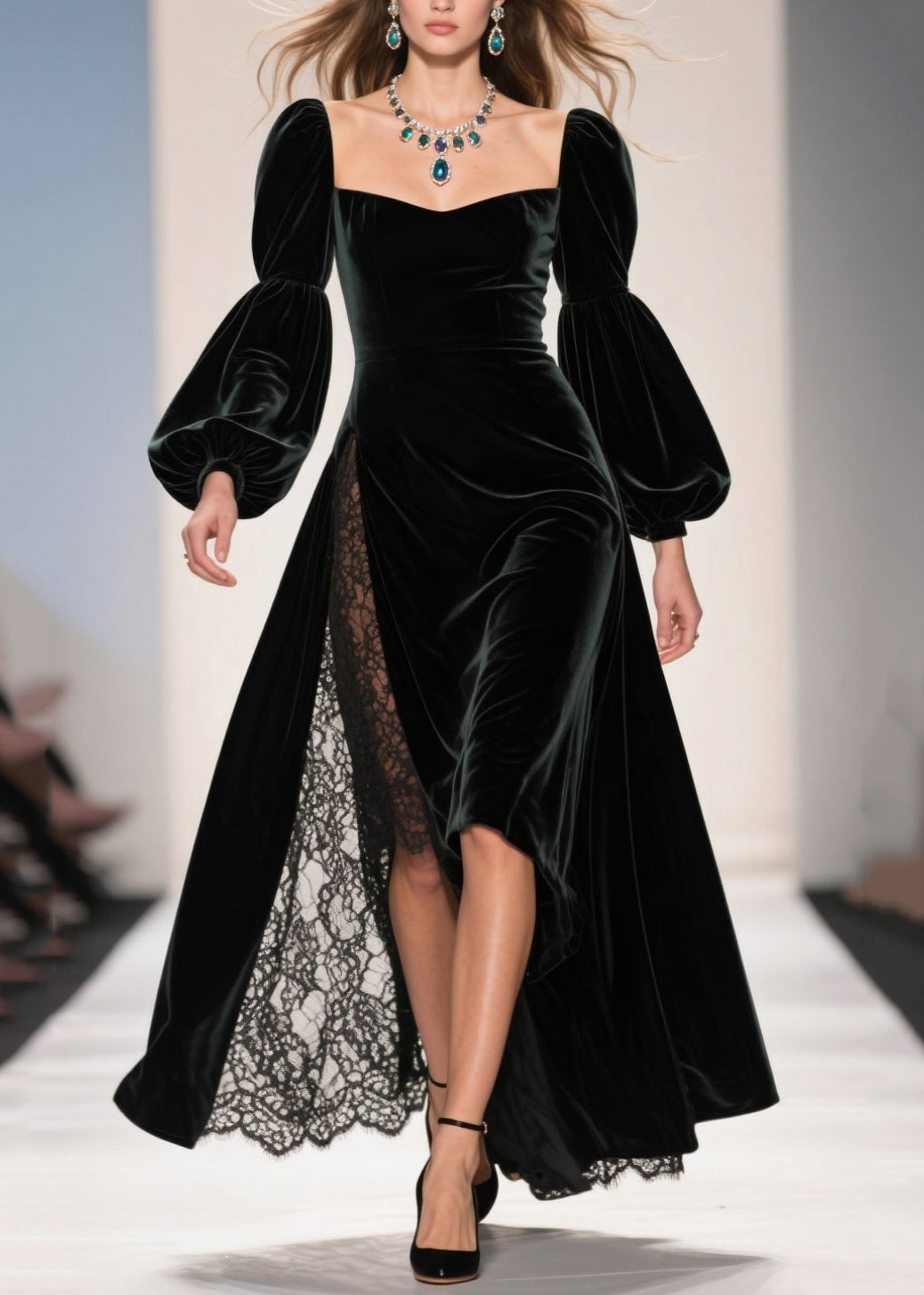 Velvet Square Neck Bishop Sleeve Lace Trim High Split Maxi Gown - View 3