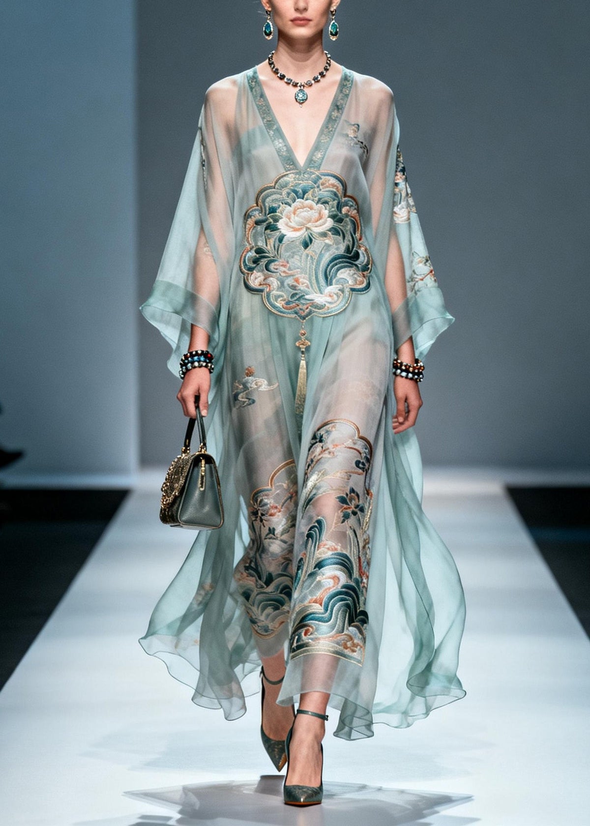 Lotus Embroidery Deep V-Neck Cape Sleeve Sheer Kaftan Maxi Gown - View 5