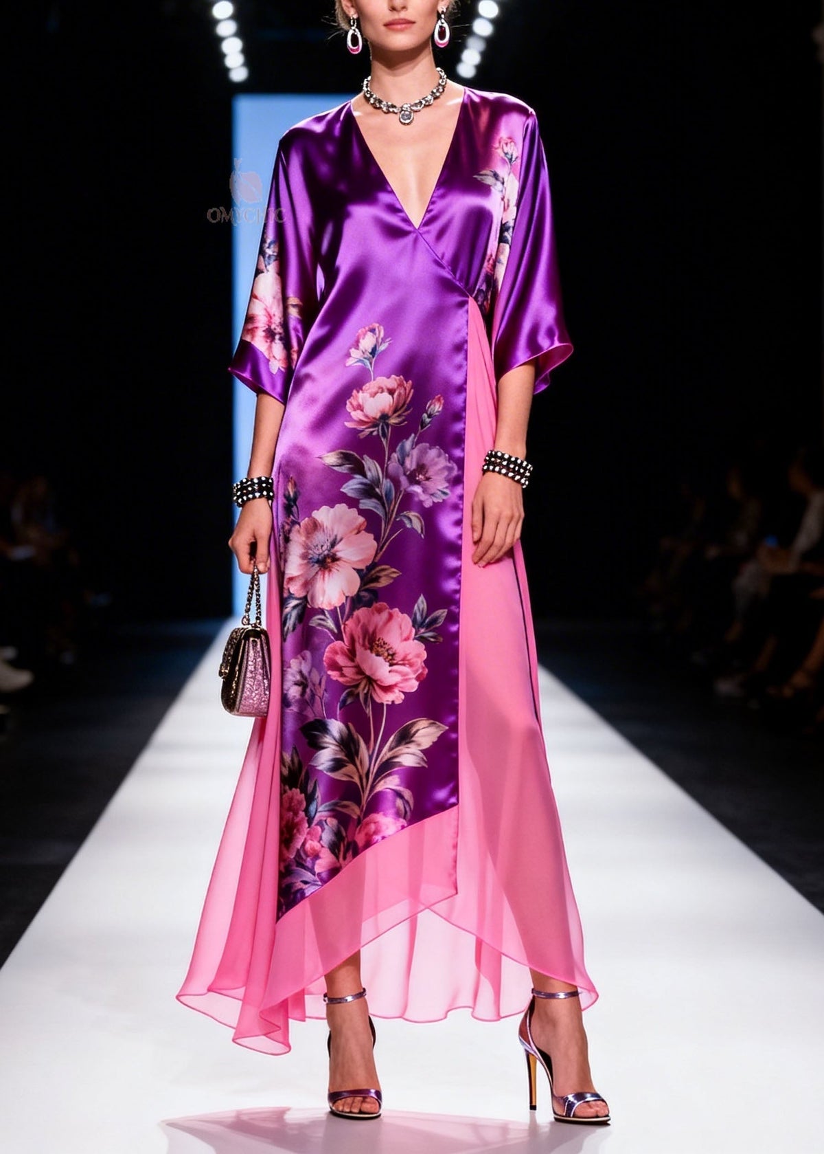 Satin Floral Print Wrap Deep V-Neck Sleeve Sheer Panel Maxi Gown - View 5