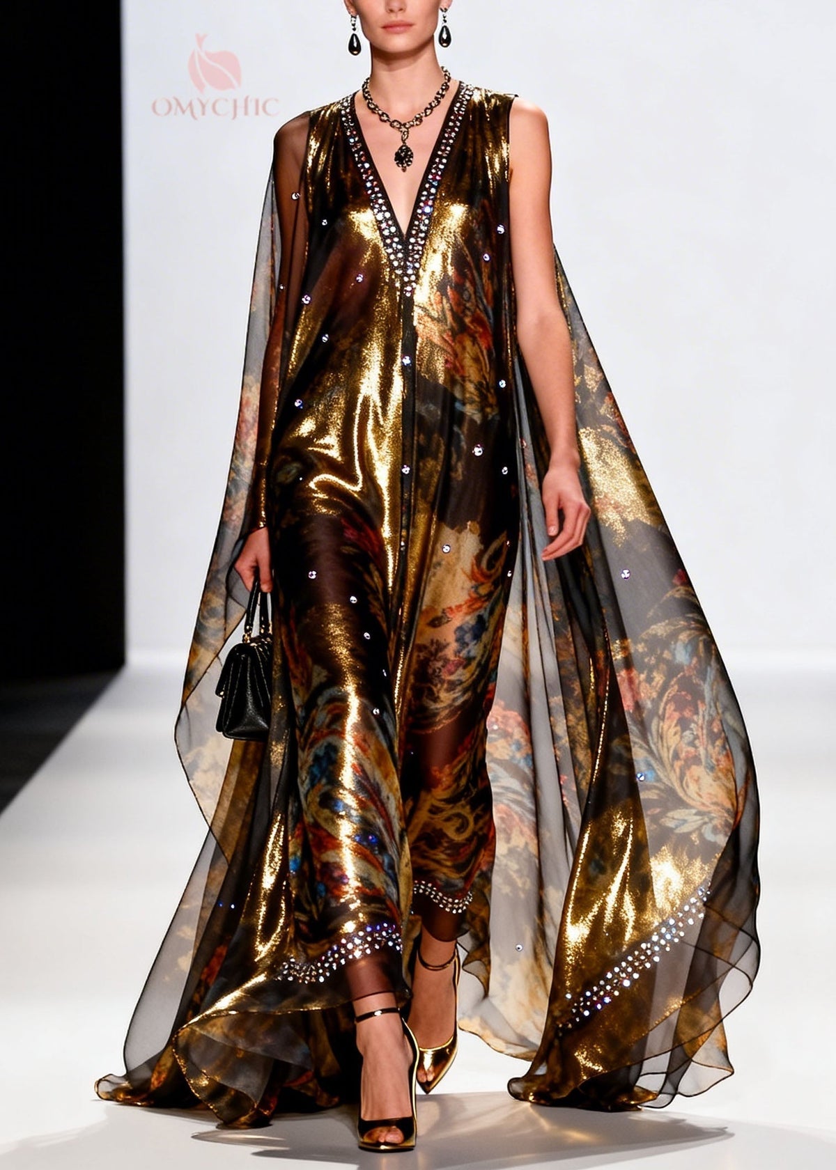 Metallic Floral Print Deep V-Neck Sleeveless Maxi Gown