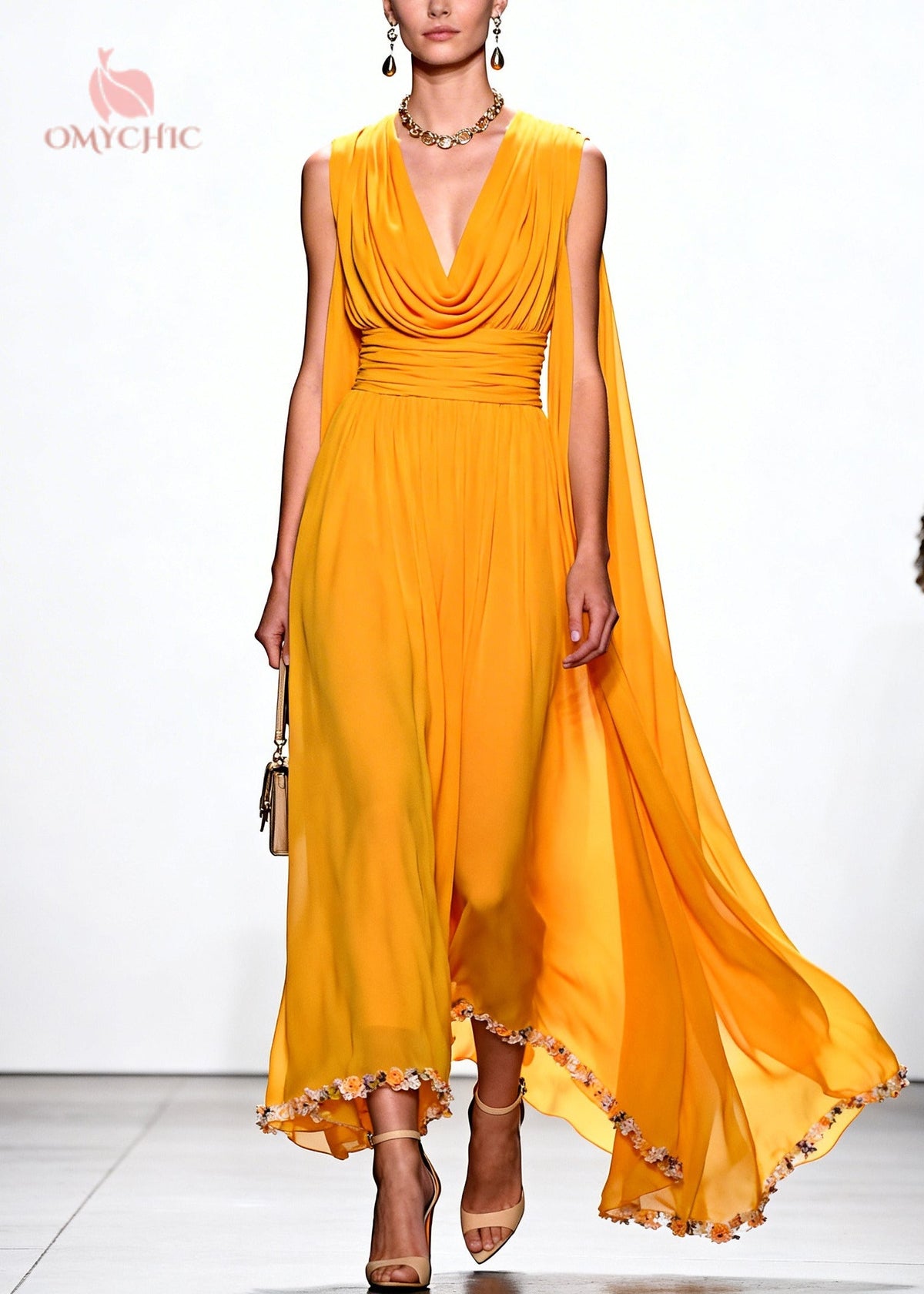 Cowl Neck Deep V-Neck Ruched Waist Shoulder Cape Floral Gown - View 5