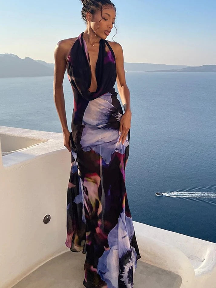 Floral Halter Deep V-Neck Backless Satin Maxi Dress - View 6