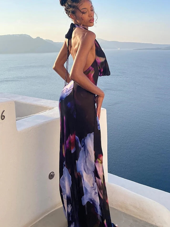 Floral Halter Deep V-Neck Backless Satin Maxi Dress - View 7