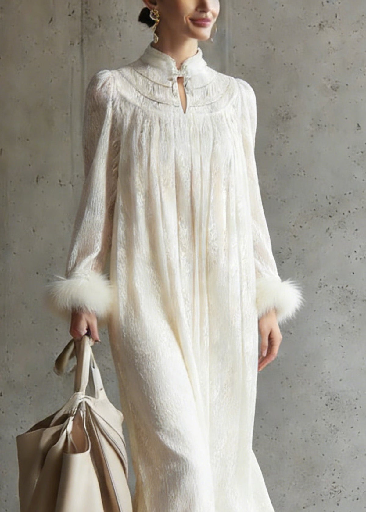Crinkled Mandarin Collar Pintuck Pleated Fur Cuff Maxi Dress - View 2