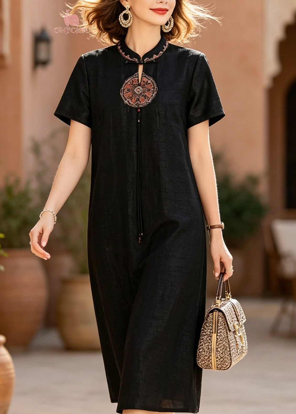 Embroidered Mandarin Collar Cut Out Medallion Shift Midi Dress - View 2