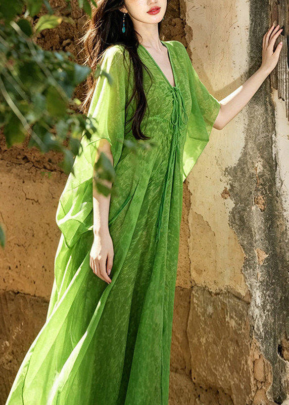 Crinkle Chiffon Damask Batwing Sleeve Tie Waist Maxi Dress - View 5
