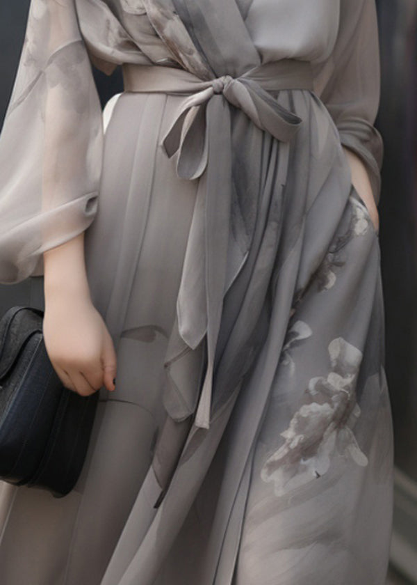 Floral Print Wrap Deep V-Neck Bishop Sleeve Tie Waist Maxi Dress - View 4