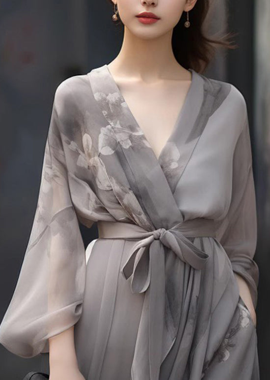 Floral Print Wrap Deep V-Neck Bishop Sleeve Tie Waist Maxi Dress - View 5