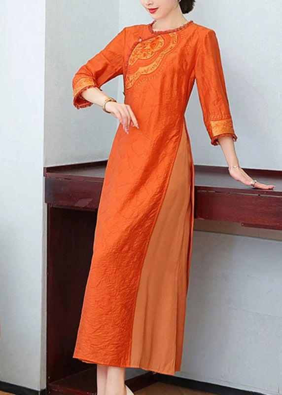 Embroidered Chest Patch Lace Trim Three Quarter Sleeve Maxi Dress - View 3