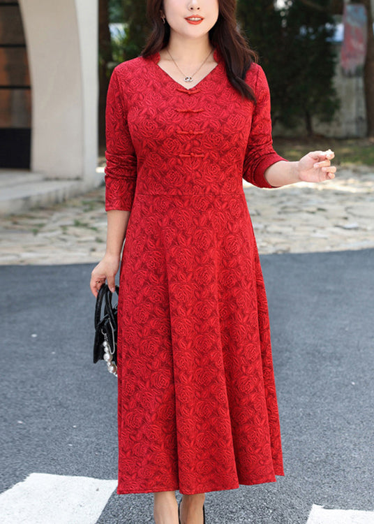 Rose Floral Jacquard Mandarin Collar V-Neck A-Line Maxi Dress - View 3
