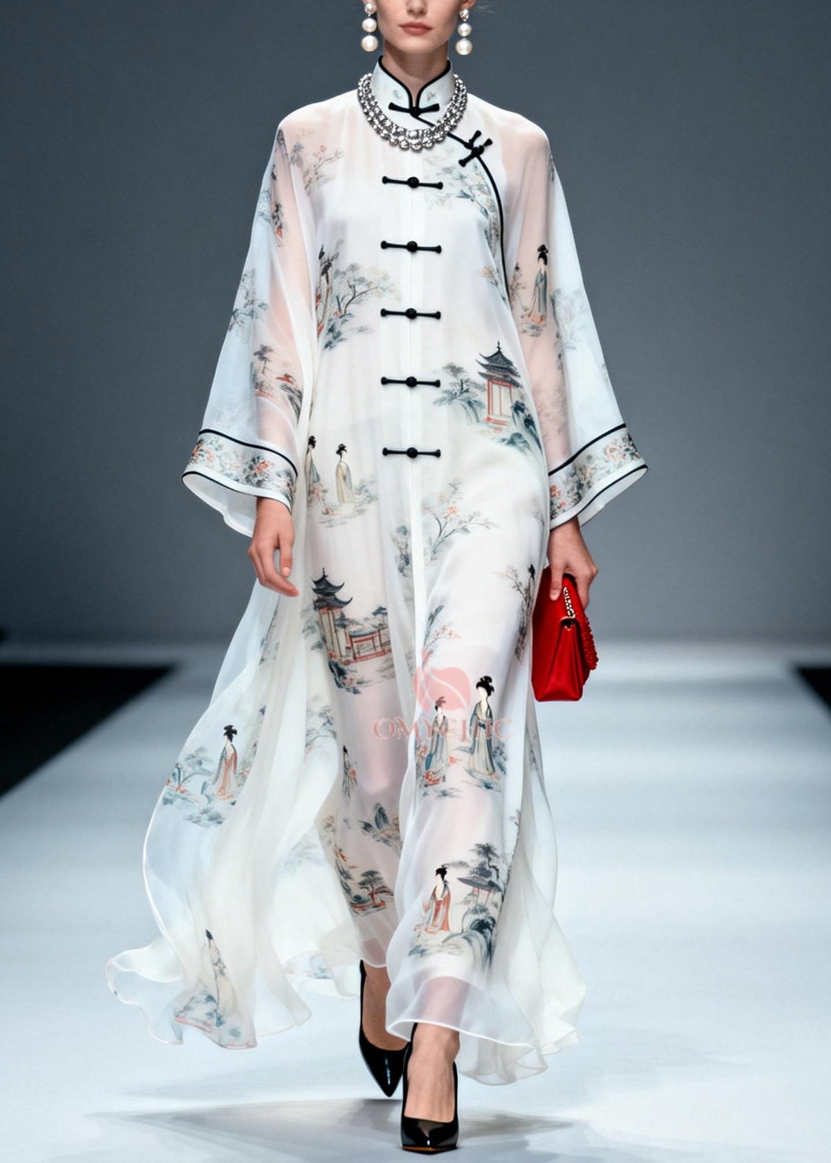 Landscape Print Mandarin Collar Frog Button Long Sleeve Maxi Gown - View 3