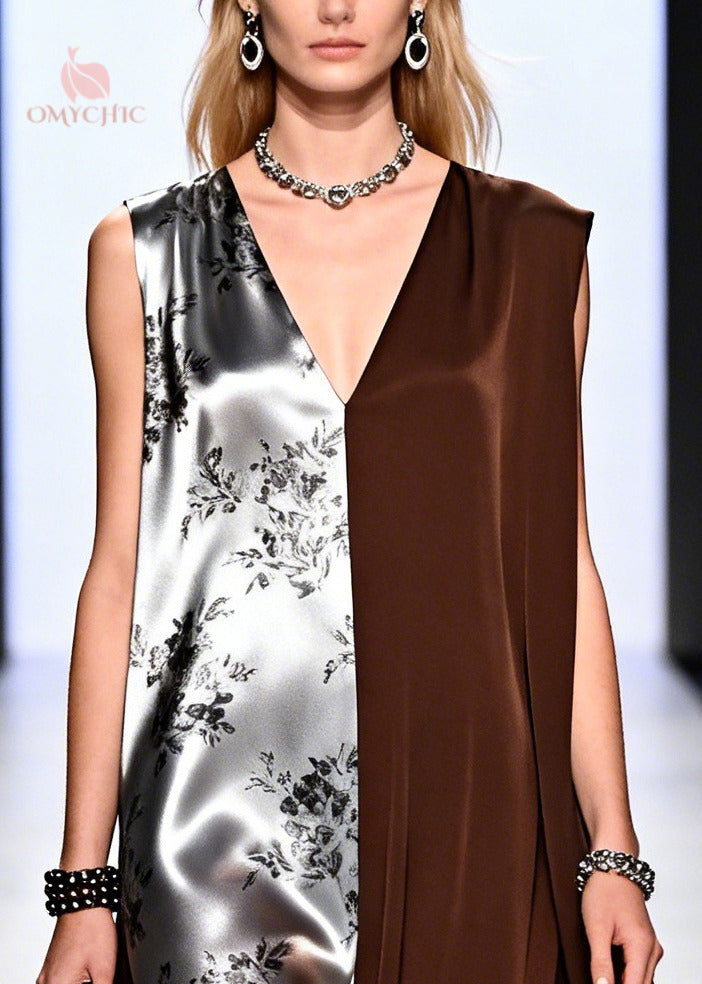 Floral Print Satin Deep V-Neck Sleeveless Split Panel Maxi Gown - View 2