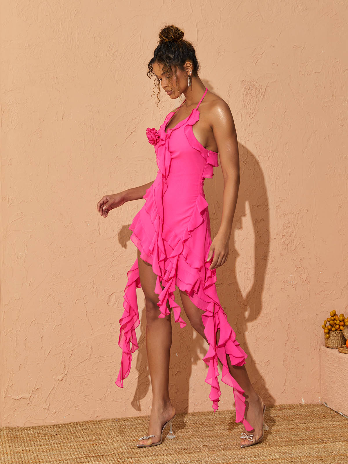 Claire Plunge Mesh Mini Dress In Hot Pink - View 4
