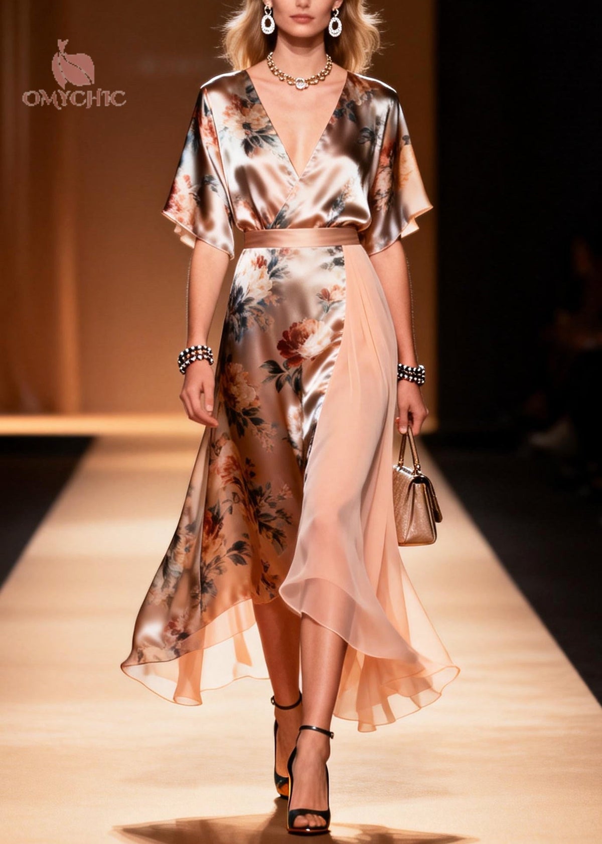 Floral Print Deep V-Neck Flutter Sleeve Satin Wrap Midi Dress - View 3