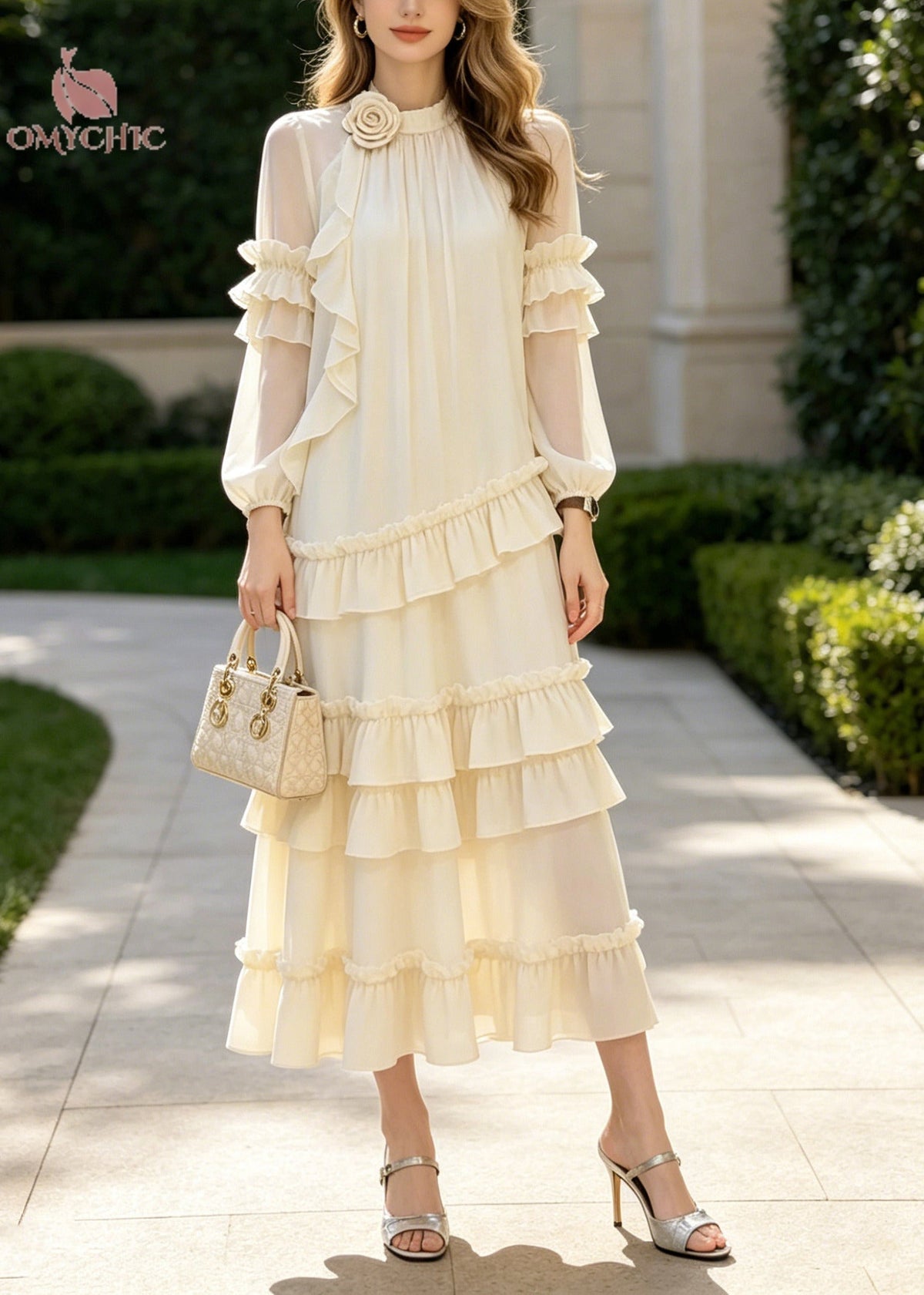 Classy Apricot Ruffled Floral Chiffon Long Dresses Summer - View 3