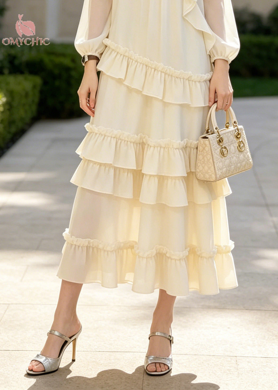 Classy Apricot Ruffled Floral Chiffon Long Dresses Summer - View 4