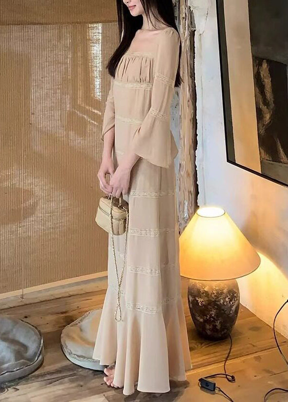 Square Neck Bell Sleeve Lace Trim Tiered Maxi Dress - View 3