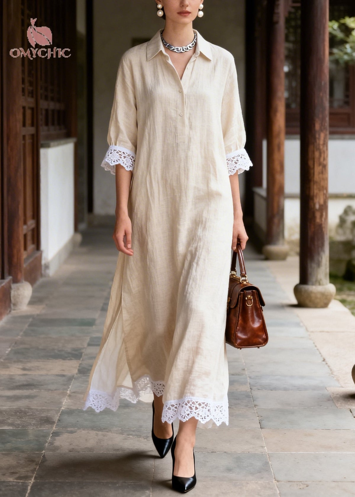 Lace Trim Collar Button Front Three-Quarter Sleeve Maxi Dress