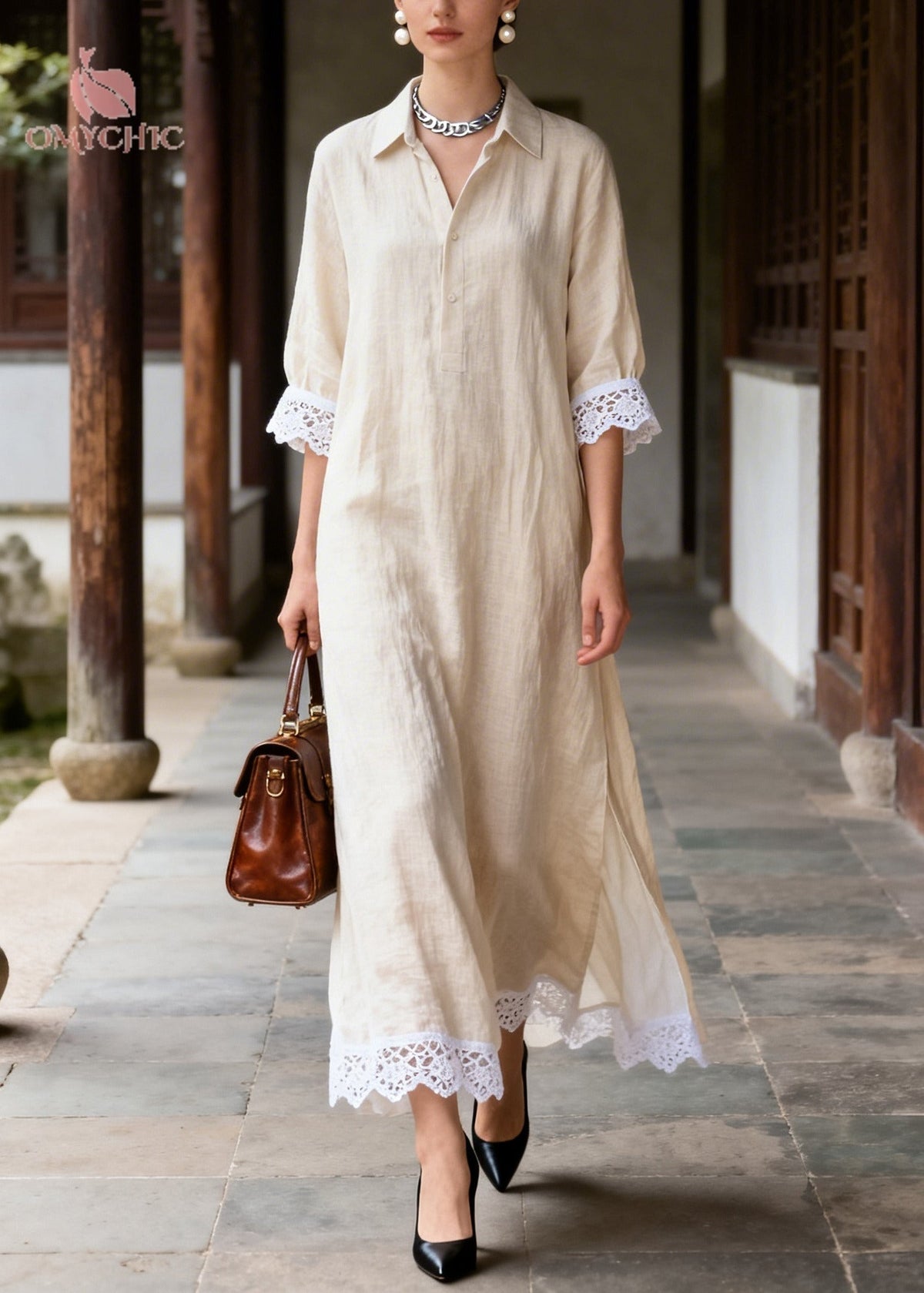 Lace Trim Collar Button Front Three-Quarter Sleeve Maxi Dress - View 3