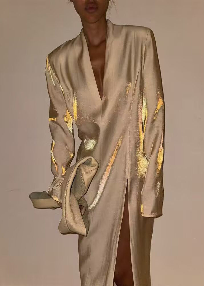 Metallic Satin Deep V-Neck Padded Shoulder Long Sleeve Maxi Gown