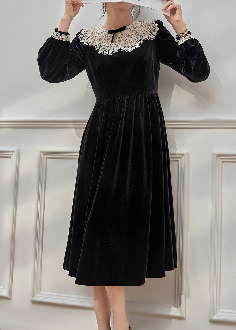 Velvet Long Sleeve Lace Peter Pan Collar Bow A-Line Maxi Dress - View 2