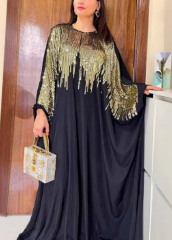 Sequin Cape Sleeve Crew Neck Dripping Embellished A-Line Maxi Gown - View 3