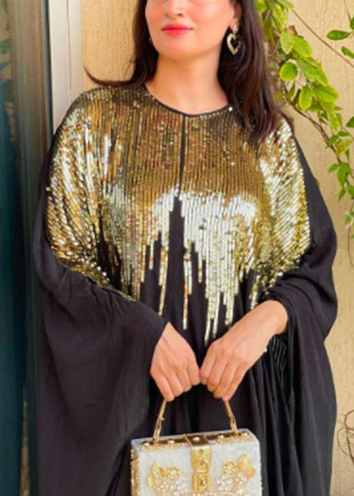 Sequin Cape Sleeve Crew Neck Dripping Embellished A-Line Maxi Gown - View 4