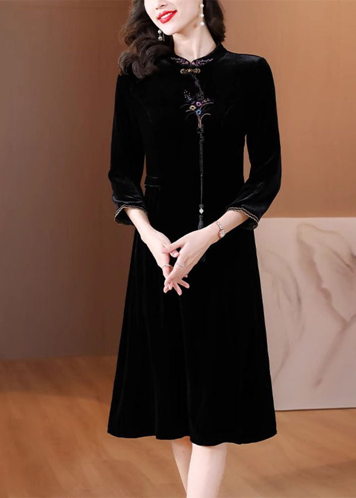 Classy Black Stand Collar Embroideried Floral Silk Maxi Dress - View 2