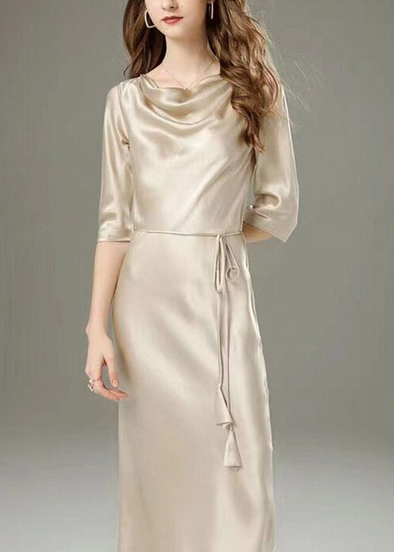 Satin Cowl Neck Three Quarter Sleeve Tie Waist Midi Dress - View 3