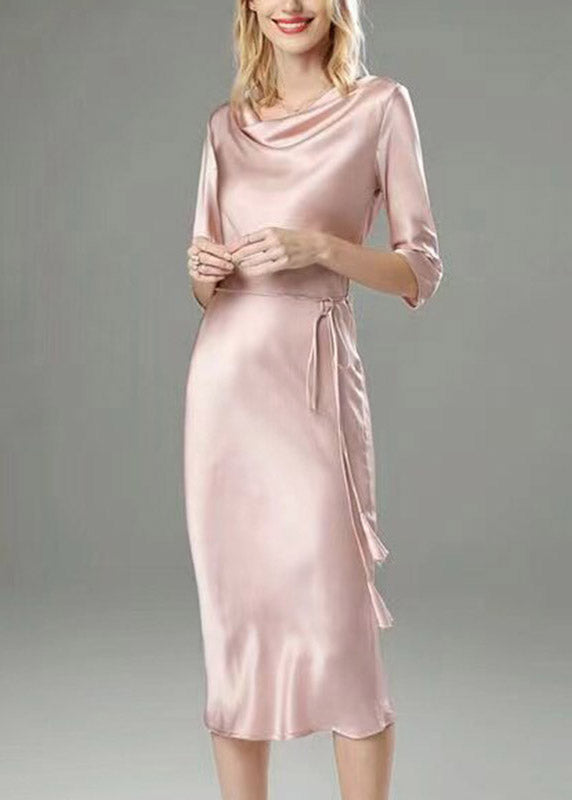 Satin Cowl Neck Three Quarter Sleeve Tie Waist Midi Dress - View 4
