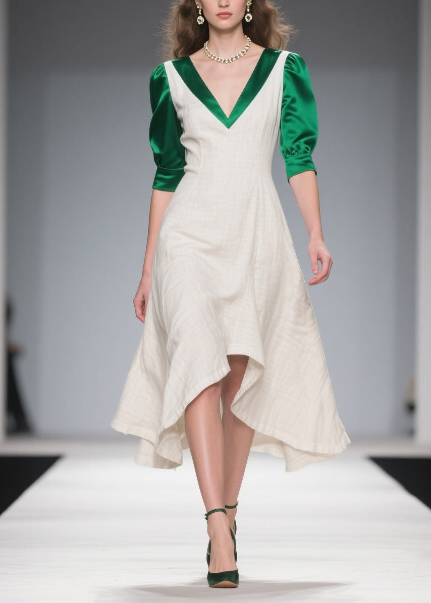 Deep V-Neck Puff Sleeve Satin Panel A-Line Asymmetrical Hem Midi Dress - View 5