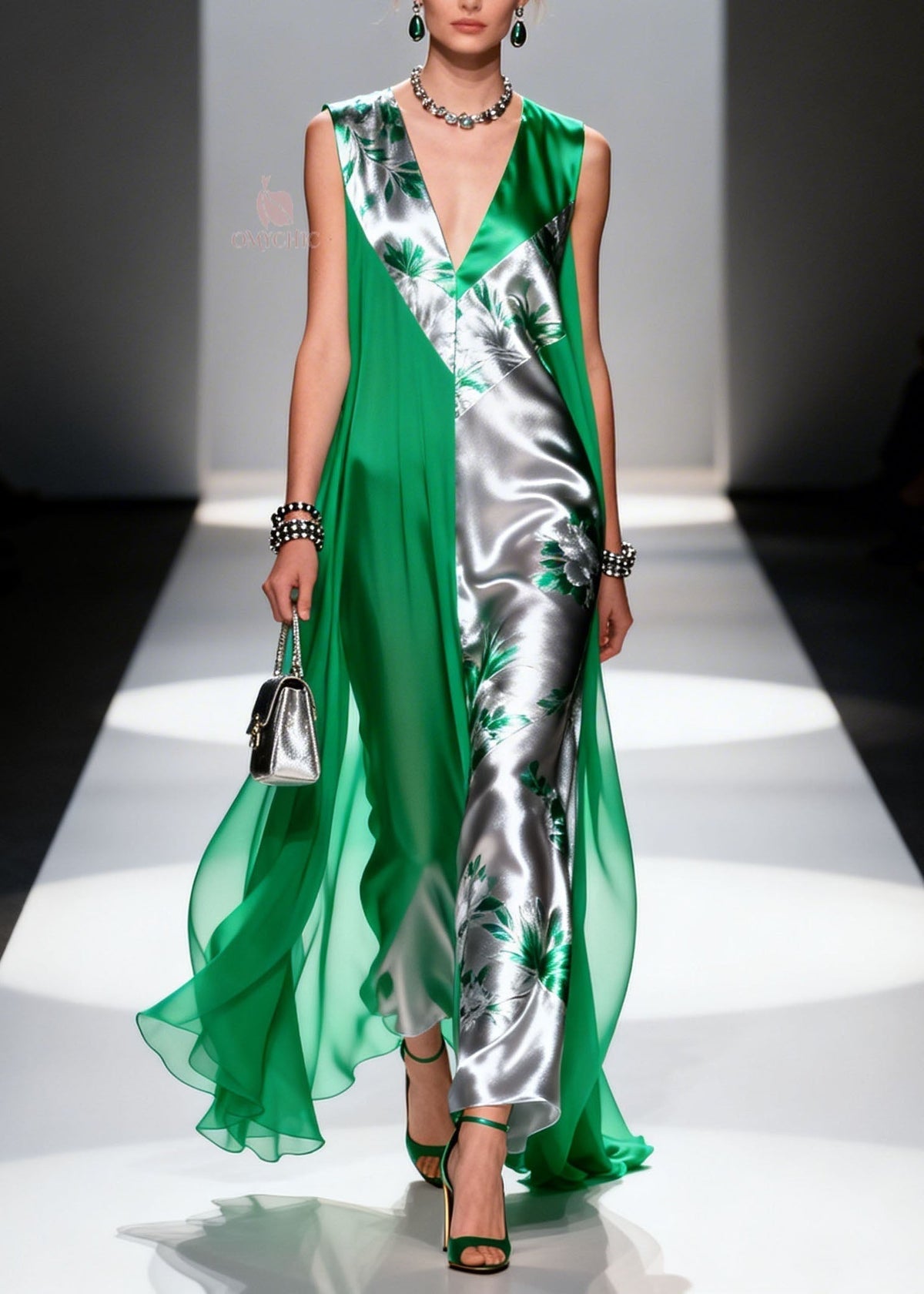 Floral Print Colorblock Deep V-Neck Metallic Paneled Maxi Gown - View 3