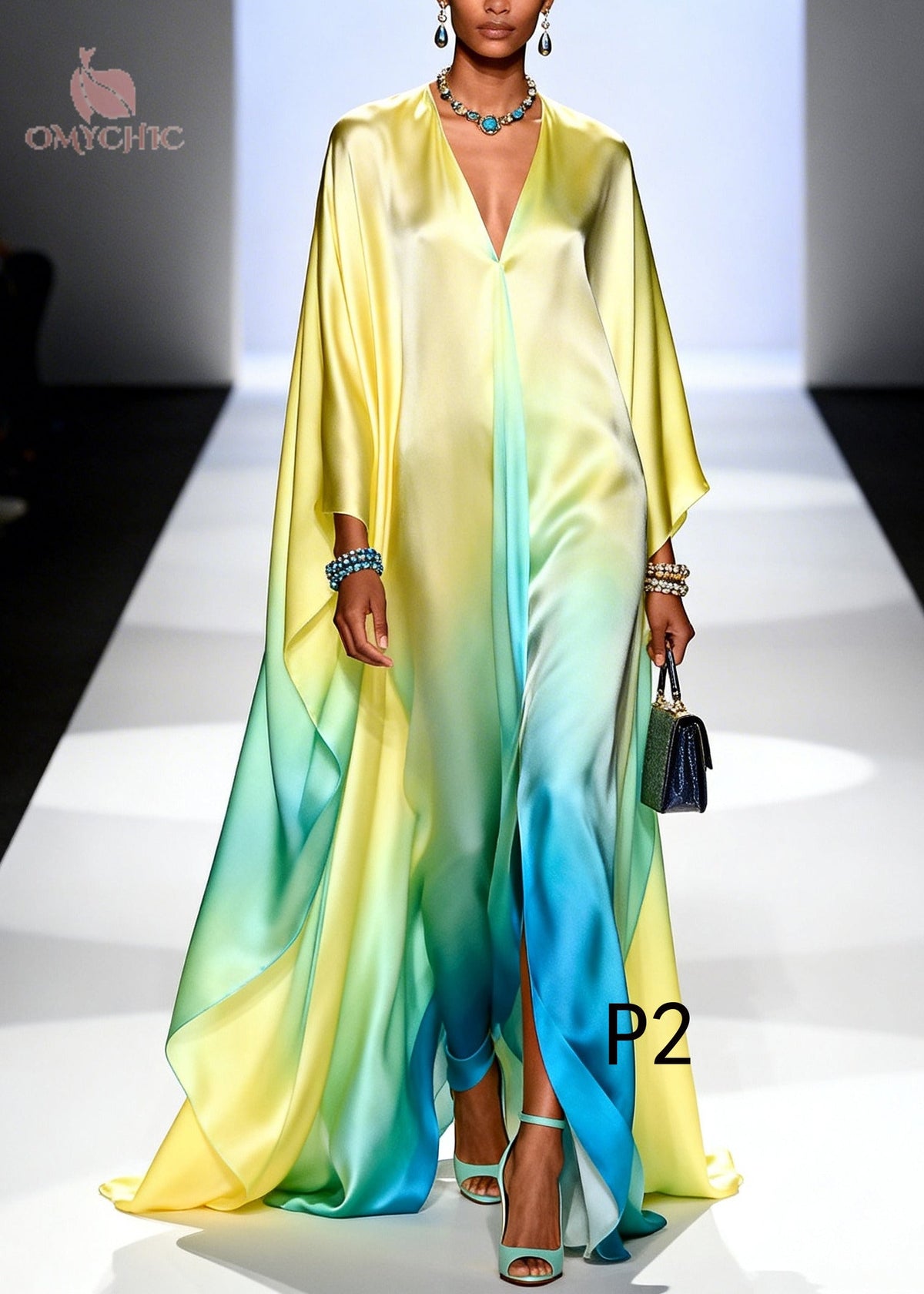 Deep V-Neck Satin Cape Sleeve High Split Kaftan Maxi Dress - View 2