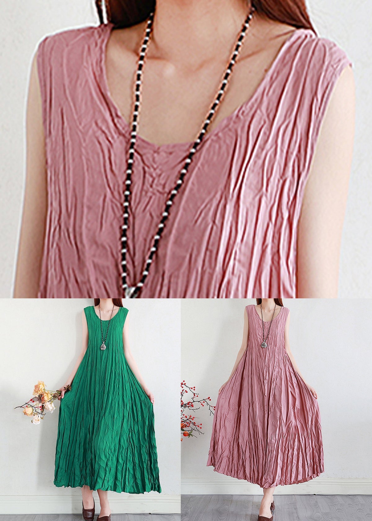 Crinkle Pleat Round Neck Sleeveless A-Line Maxi Dress - View 5