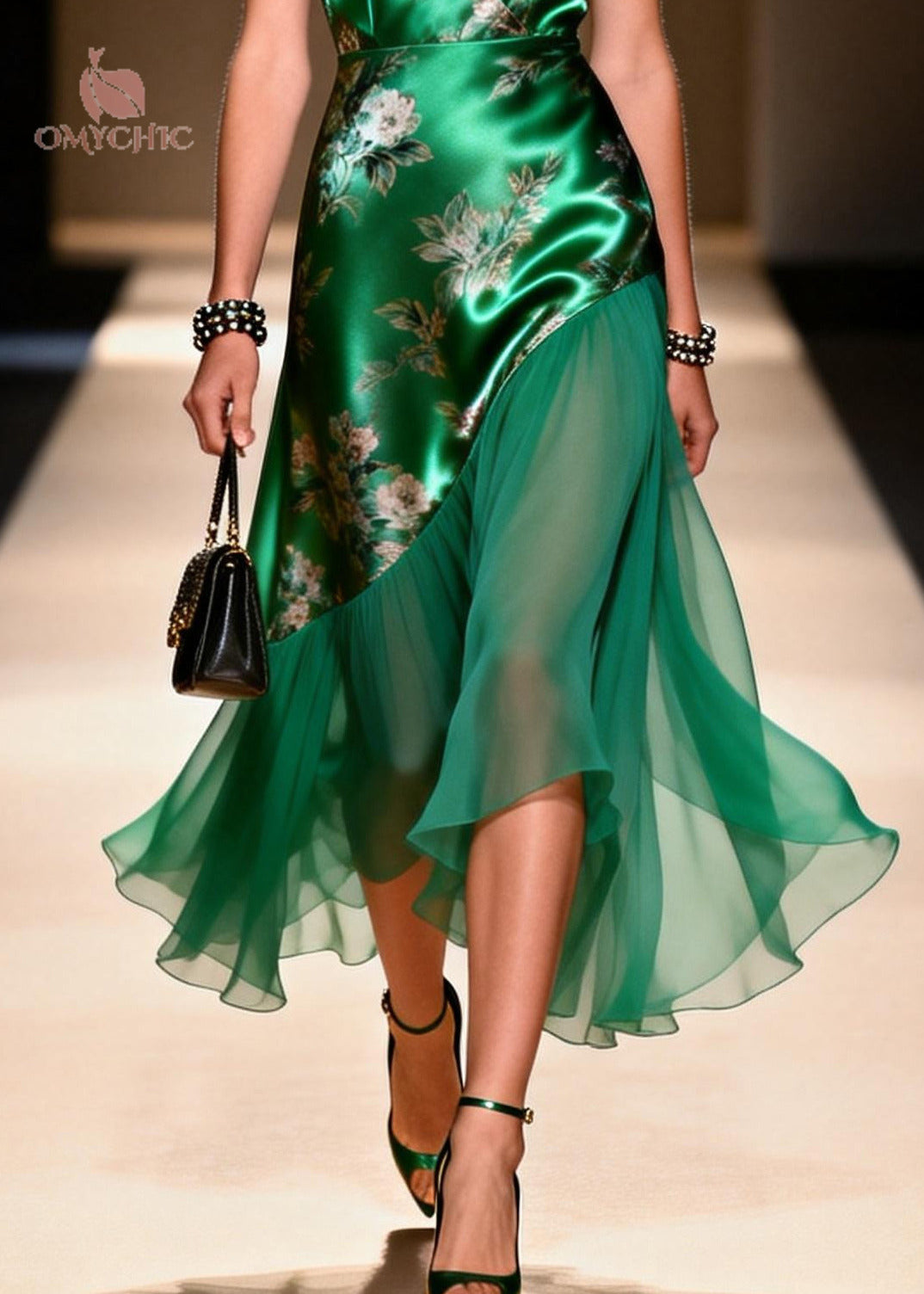 Floral Print Spaghetti Strap Deep V-Neck Satin Chiffon Midi Dress - View 4