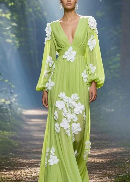 Classy Green V Neck Floral Decorated Chiffon Maxi Dress Spring - View 2