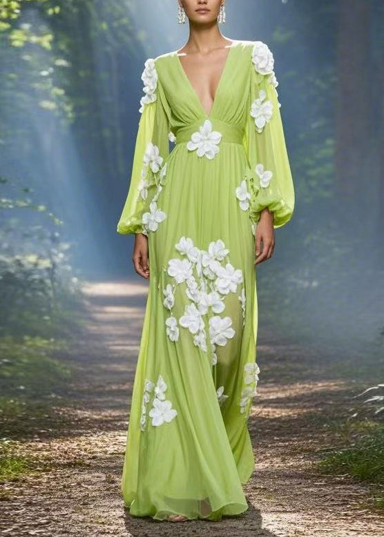 Classy Green V Neck Floral Decorated Chiffon Maxi Dress Spring - View 5