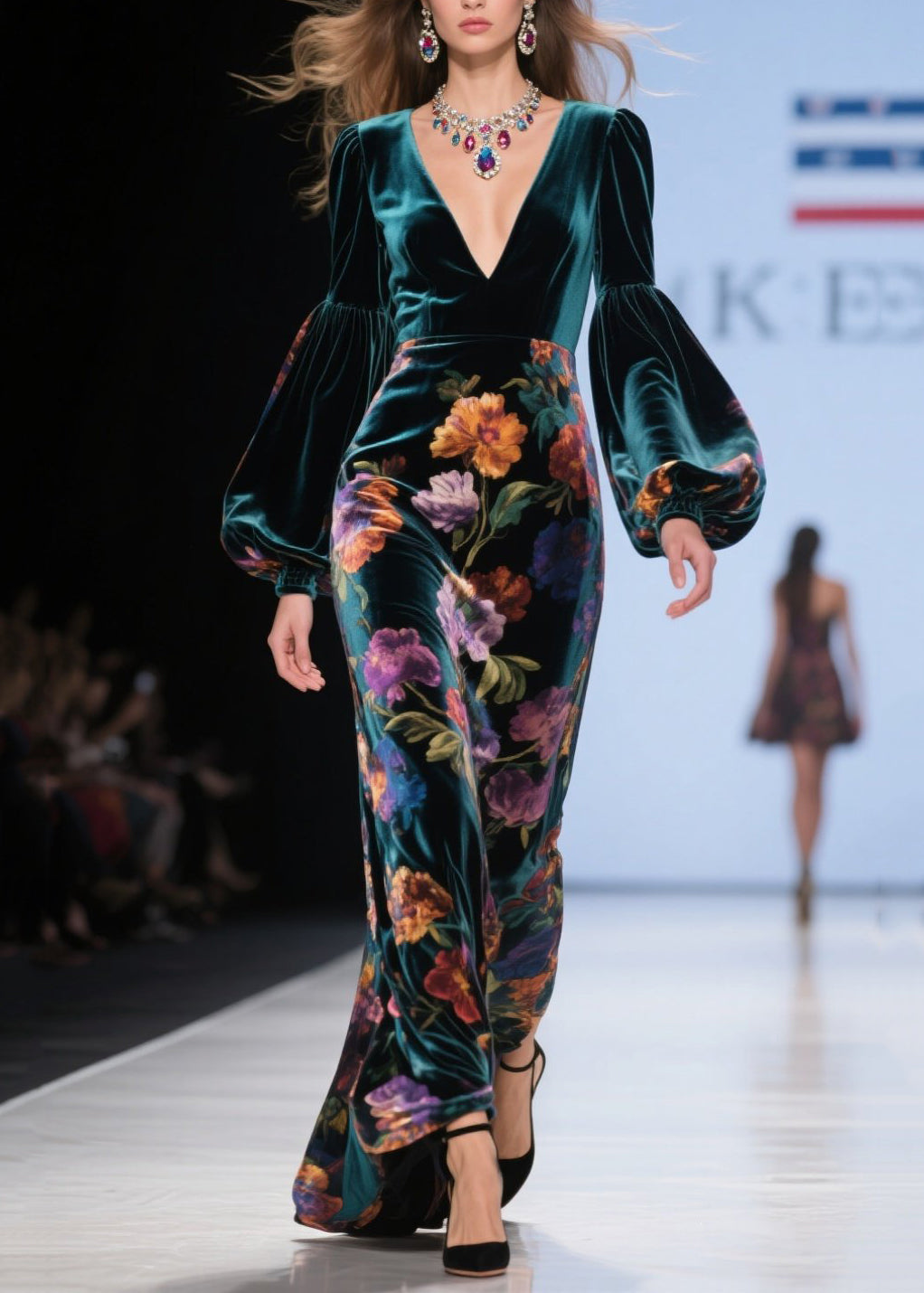 Velvet Floral Bishop Sleeve Deep V-Neck Column Maxi Gown