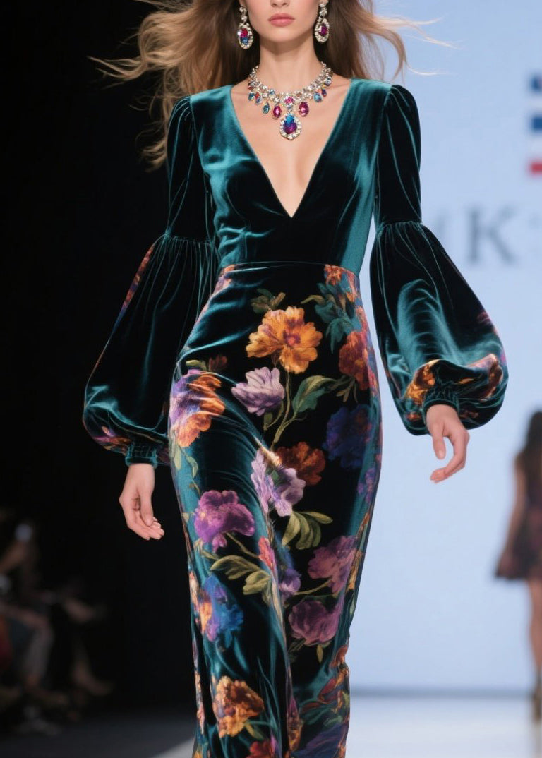 Velvet Floral Bishop Sleeve Deep V-Neck Column Maxi Gown - View 2