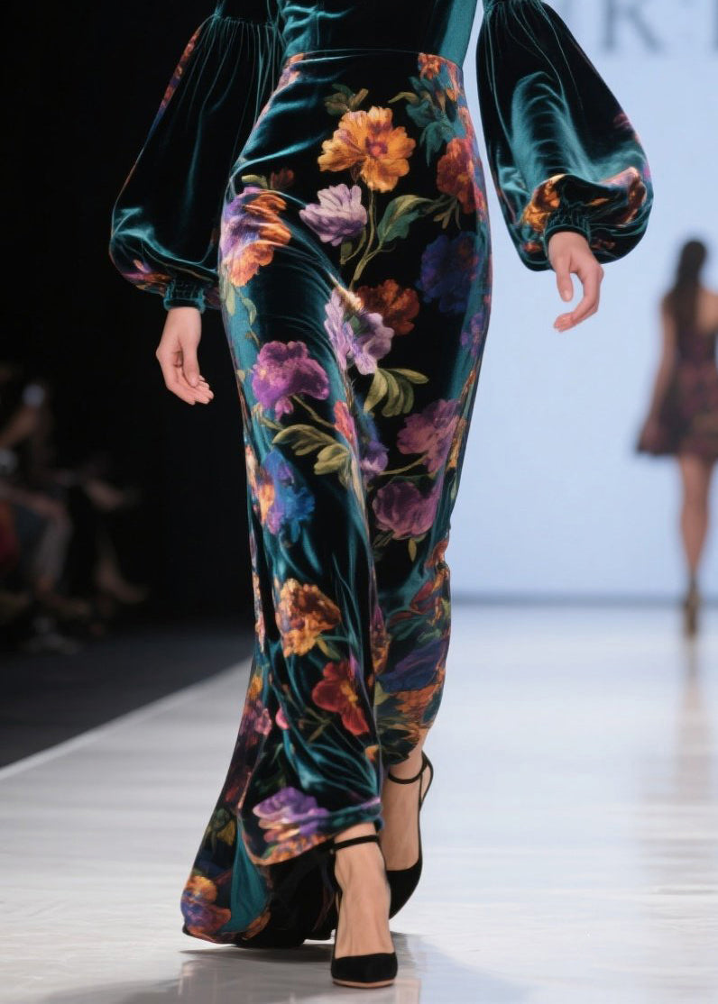 Velvet Floral Bishop Sleeve Deep V-Neck Column Maxi Gown - View 4