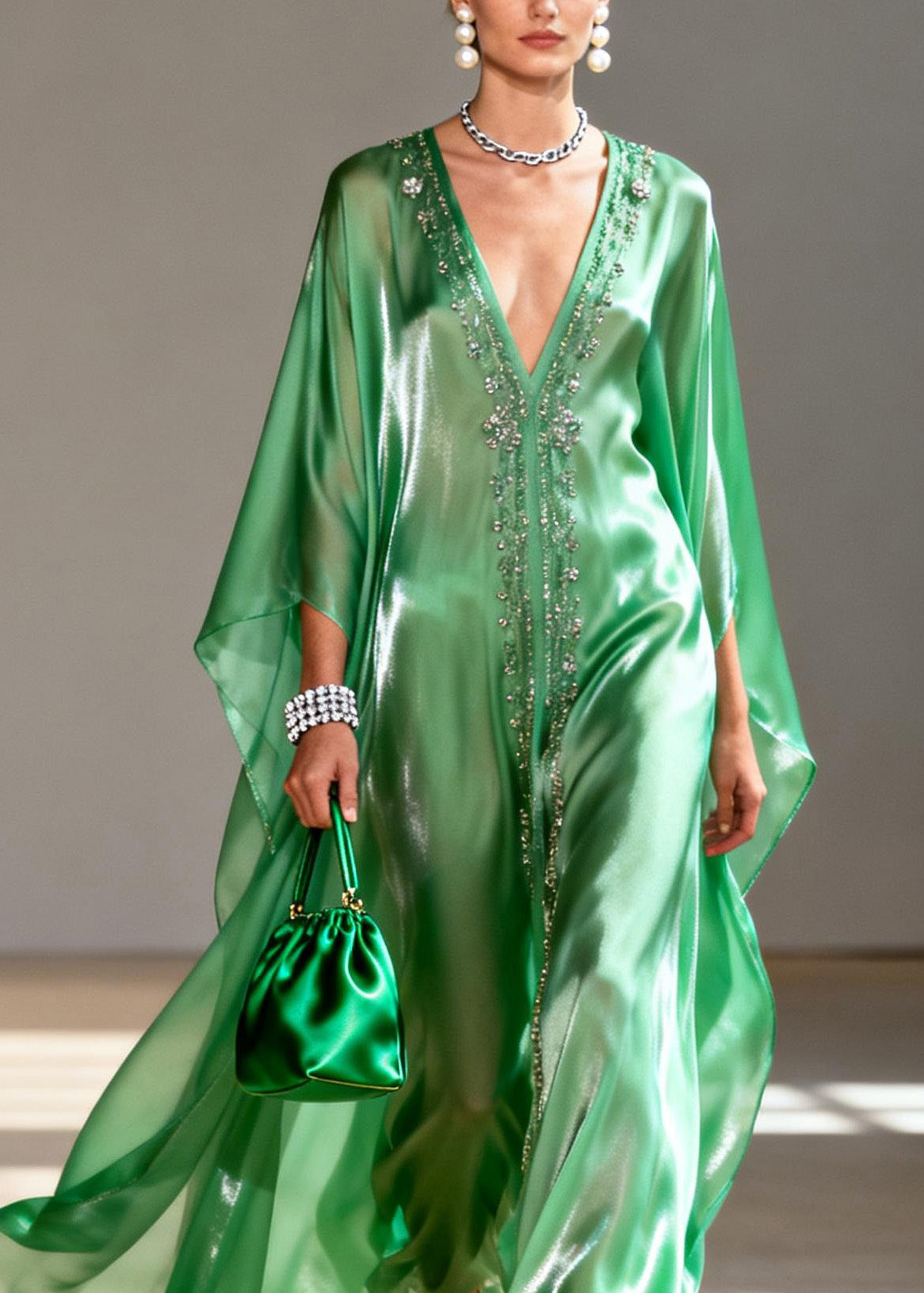 Classy Green V Neck Zircon Chiffon Maxi Dresses Spring - View 2