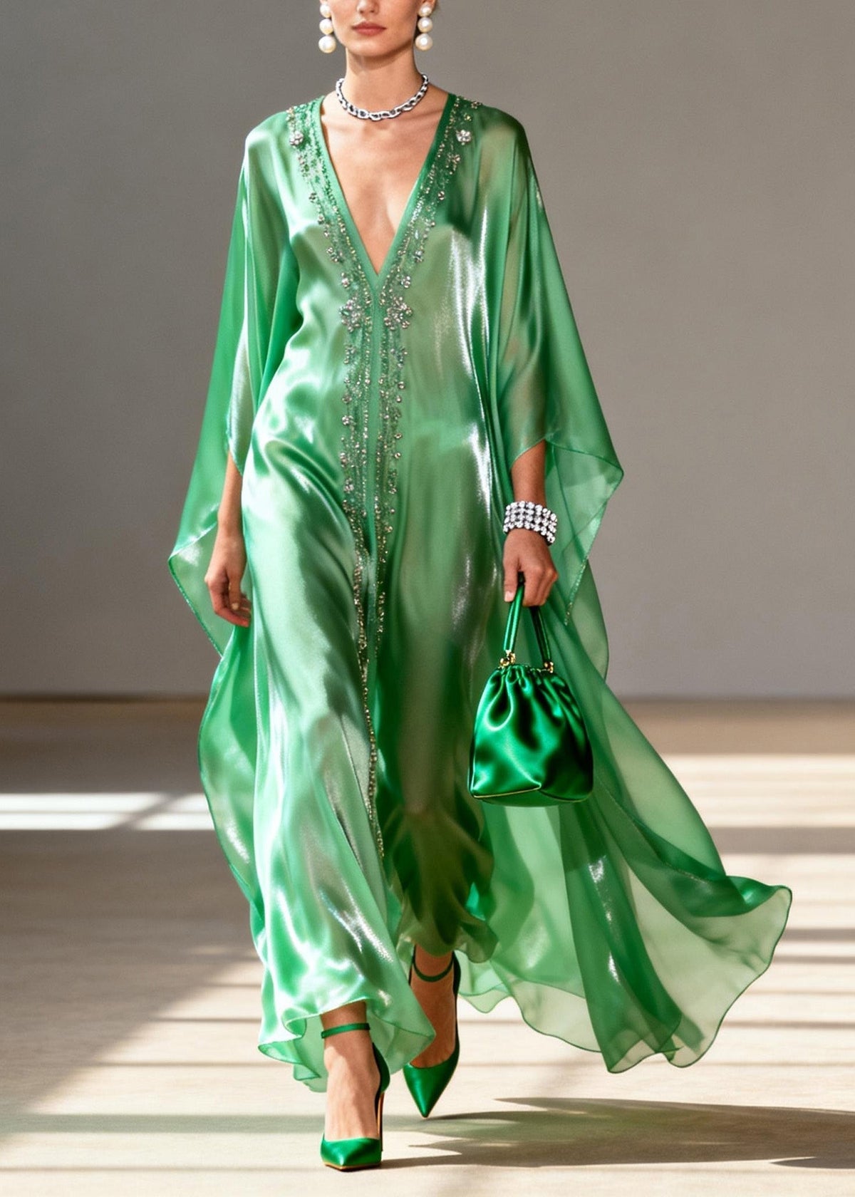 Classy Green V Neck Zircon Chiffon Maxi Dresses Spring - View 3