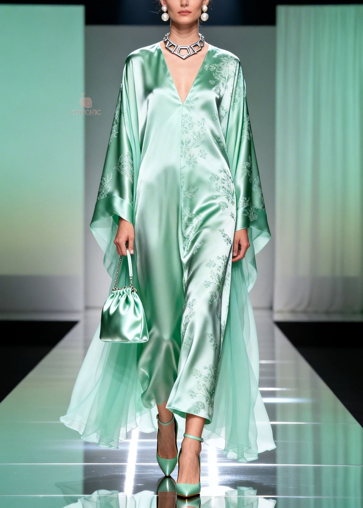 Floral Print Satin Deep V-Neck Chiffon Cape Sleeve Kaftan Maxi Gown