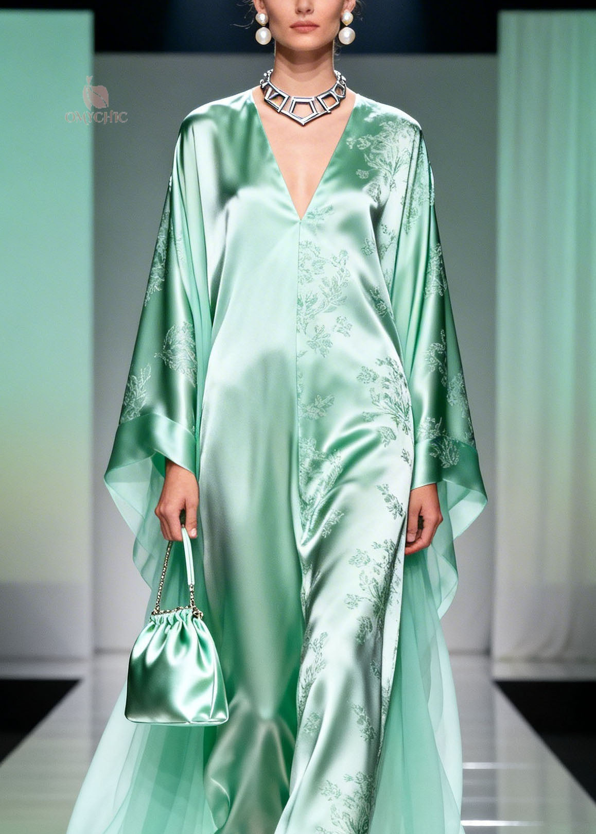 Floral Print Satin Deep V-Neck Chiffon Cape Sleeve Kaftan Maxi Gown - View 2