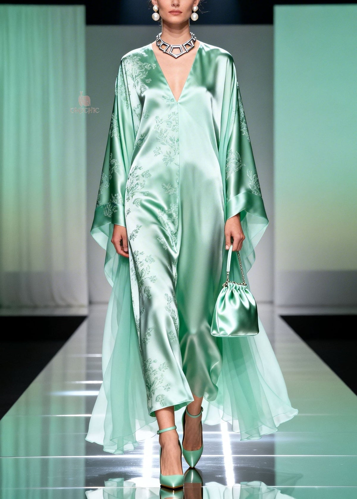 Floral Print Satin Deep V-Neck Chiffon Cape Sleeve Kaftan Maxi Gown - View 3